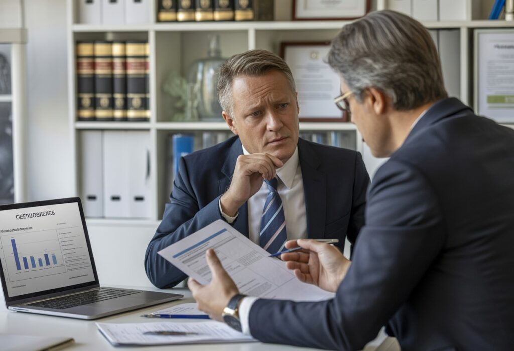 Een man bespreekt juridische documenten met een advocaat in een kantoor.