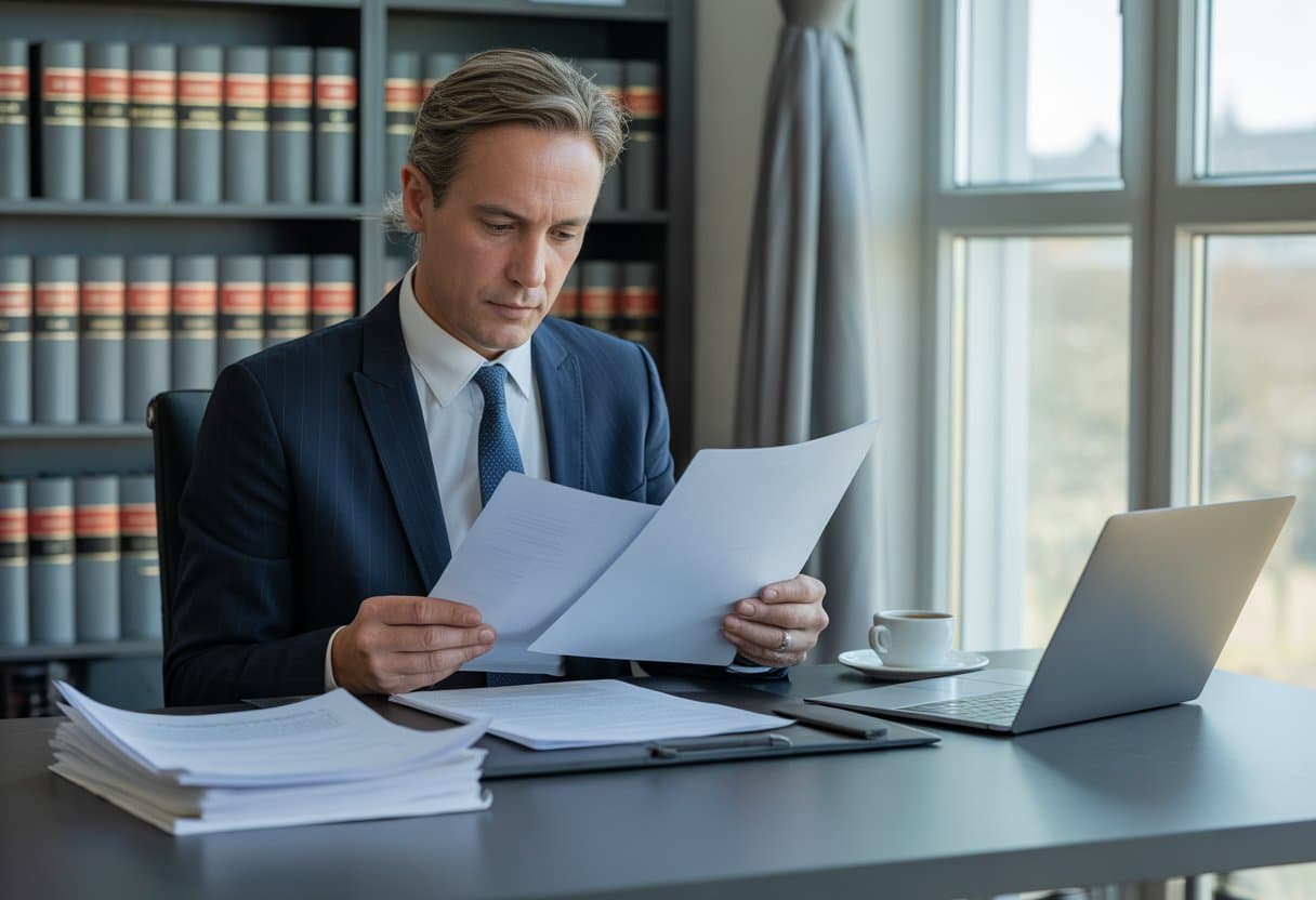 Een zakelijk persoon leest aandachtig officiële documenten aan een bureau in een kantooromgeving.