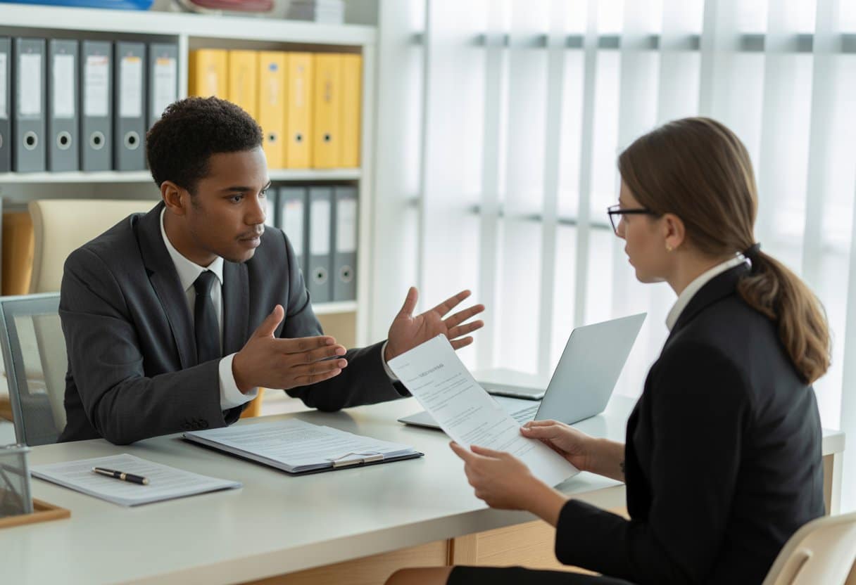 Twee mensen in een kantoor die een formeel gesprek voeren over juridische procedures, met documenten op een bureau.