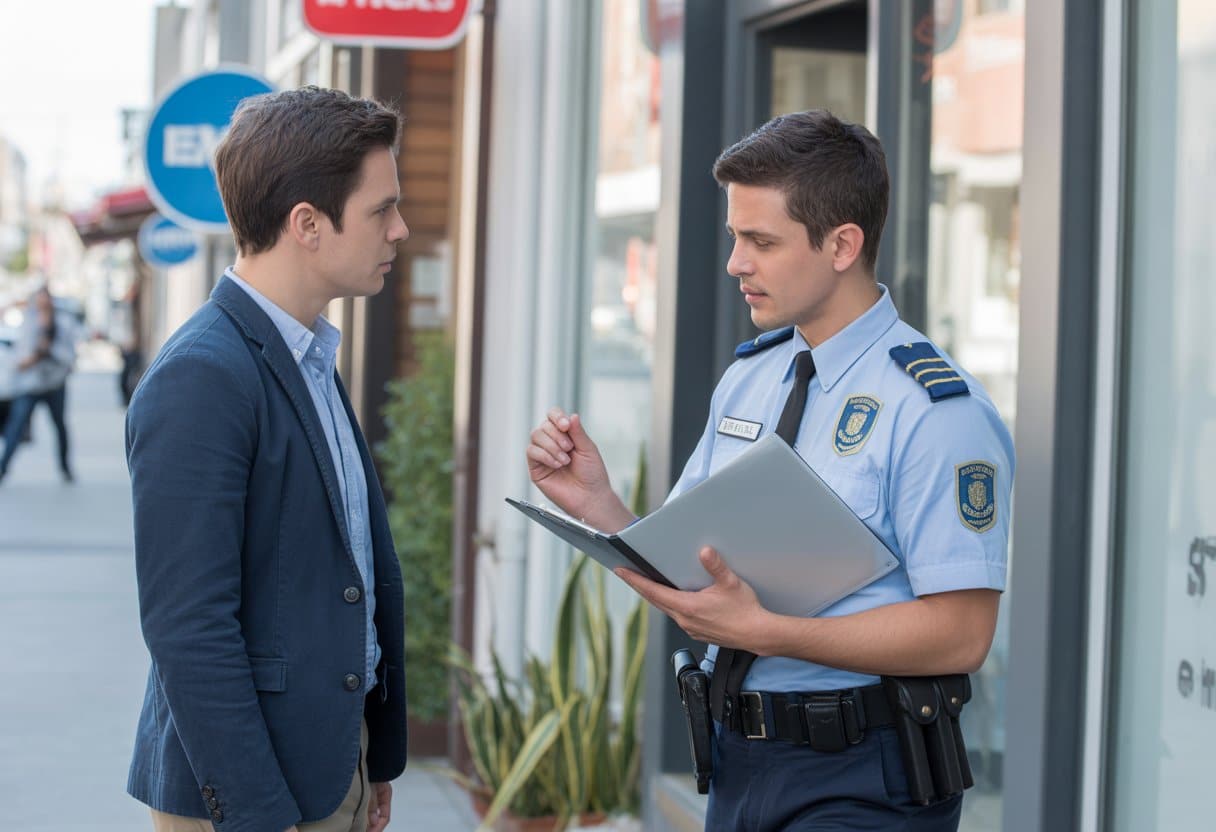 Een gemeentelijke handhavingsambtenaar spreekt met een ondernemer buiten een klein bedrijfspand in een stedelijke omgeving.