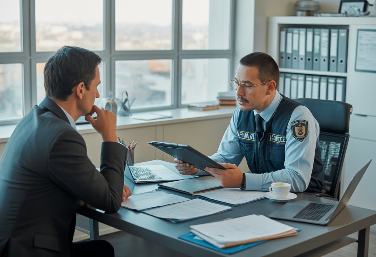 Een handhavingsambtenaar en een ondernemer praten in een kantoor over gemeentelijke handhaving bij bedrijfsactiviteiten.