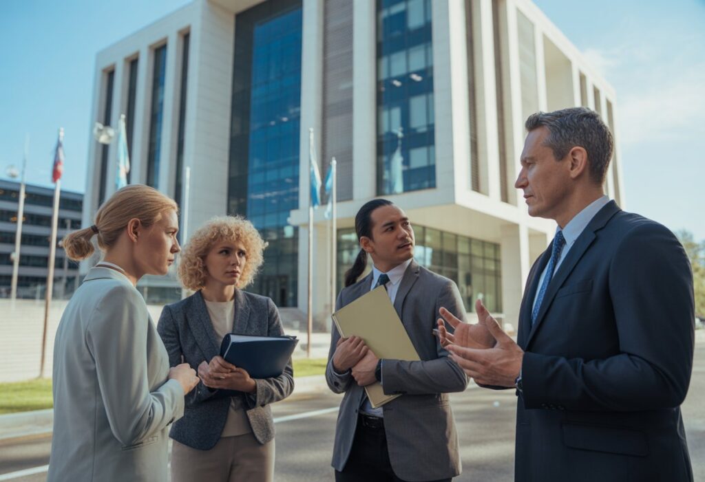 Een groep mensen voor een modern gemeentegebouw, in gesprek over overheid en rechtmatigheid.