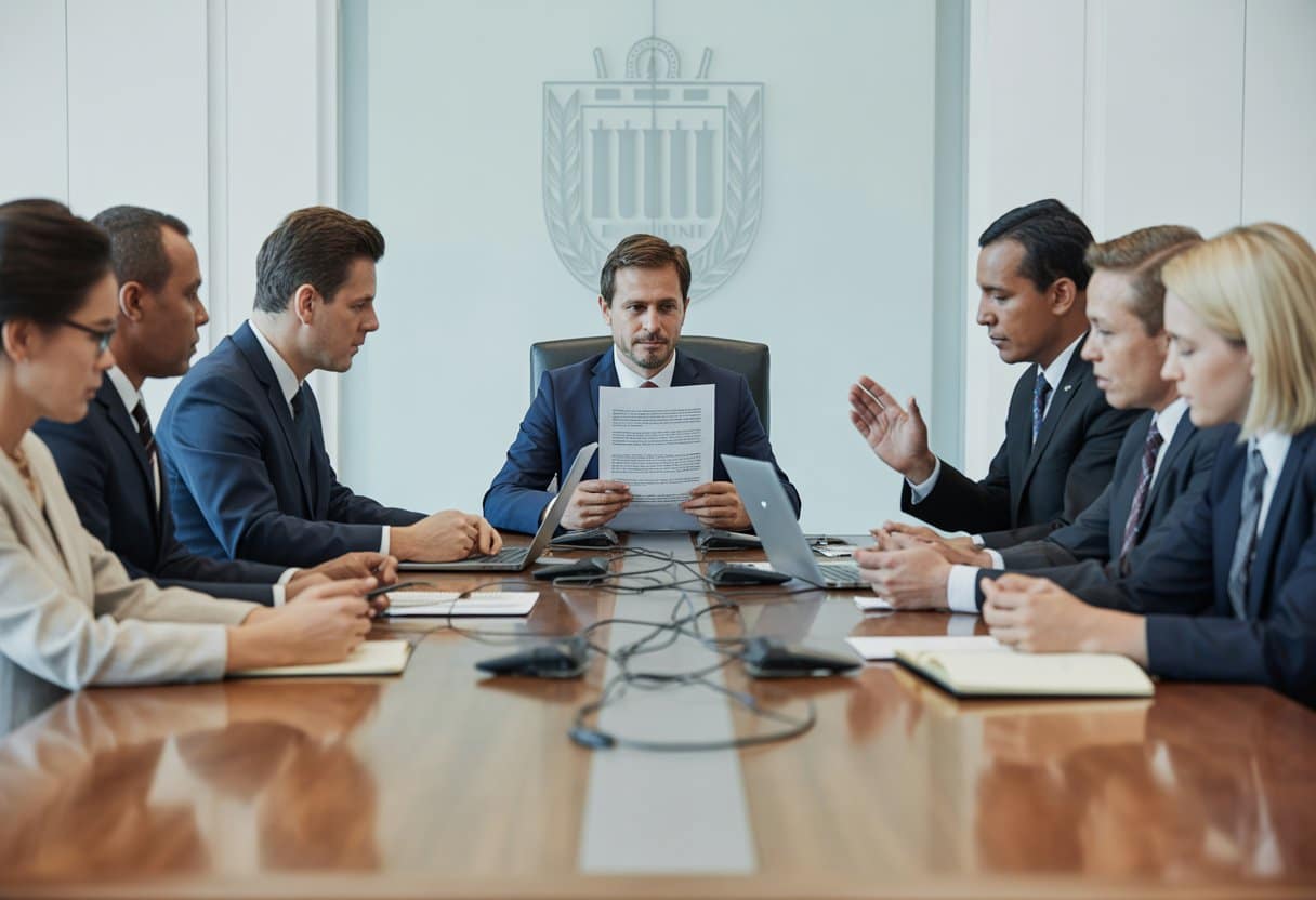 Een groep gemeentelijke bestuurders die in een vergaderruimte rond een tafel zitten en documenten bespreken.