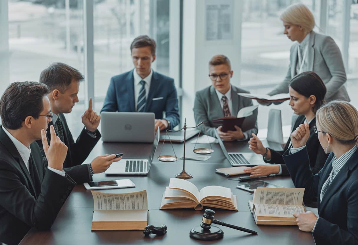 Een groep professionals in een moderne kantoorruimte bespreekt juridische documenten aan een vergadertafel.