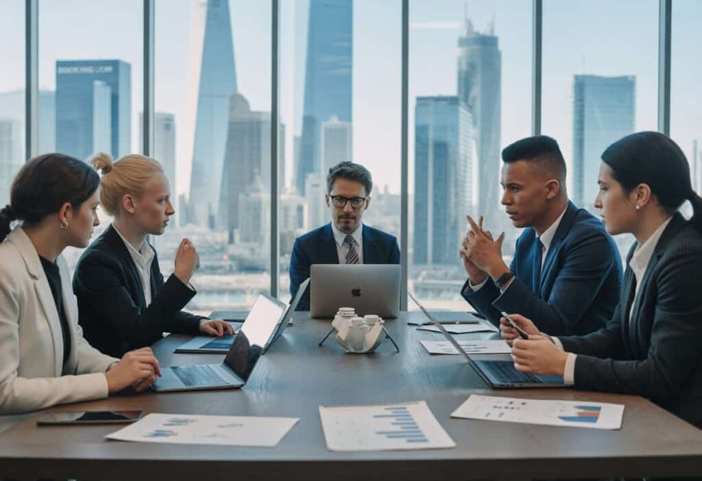 Een groep zakelijke professionals in een vergaderruimte die een bespreking voeren rond een tafel met laptops en documenten.