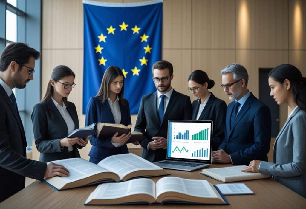 Een groep juridische professionals bespreekt documenten in een moderne ruimte met een Europese vlag op de achtergrond.