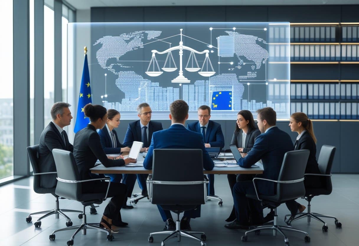 Een groep juridische professionals bespreekt serieus documenten in een moderne kantoorruimte met EU-vlaggen en juridische symbolen op de achtergrond.