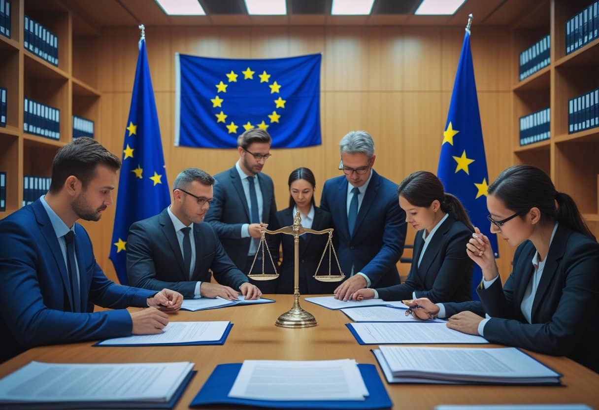 Een groep professionals bespreekt juridische zaken in een moderne vergaderruimte met de Europese vlag en een weegschaal van justitie op tafel.