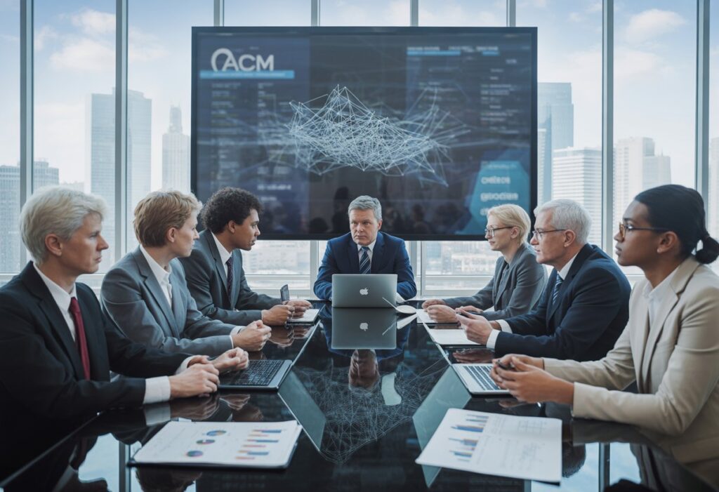 Zakelijke professionals in een vergaderruimte bespreken economische gegevens aan een tafel met laptops en grafieken.