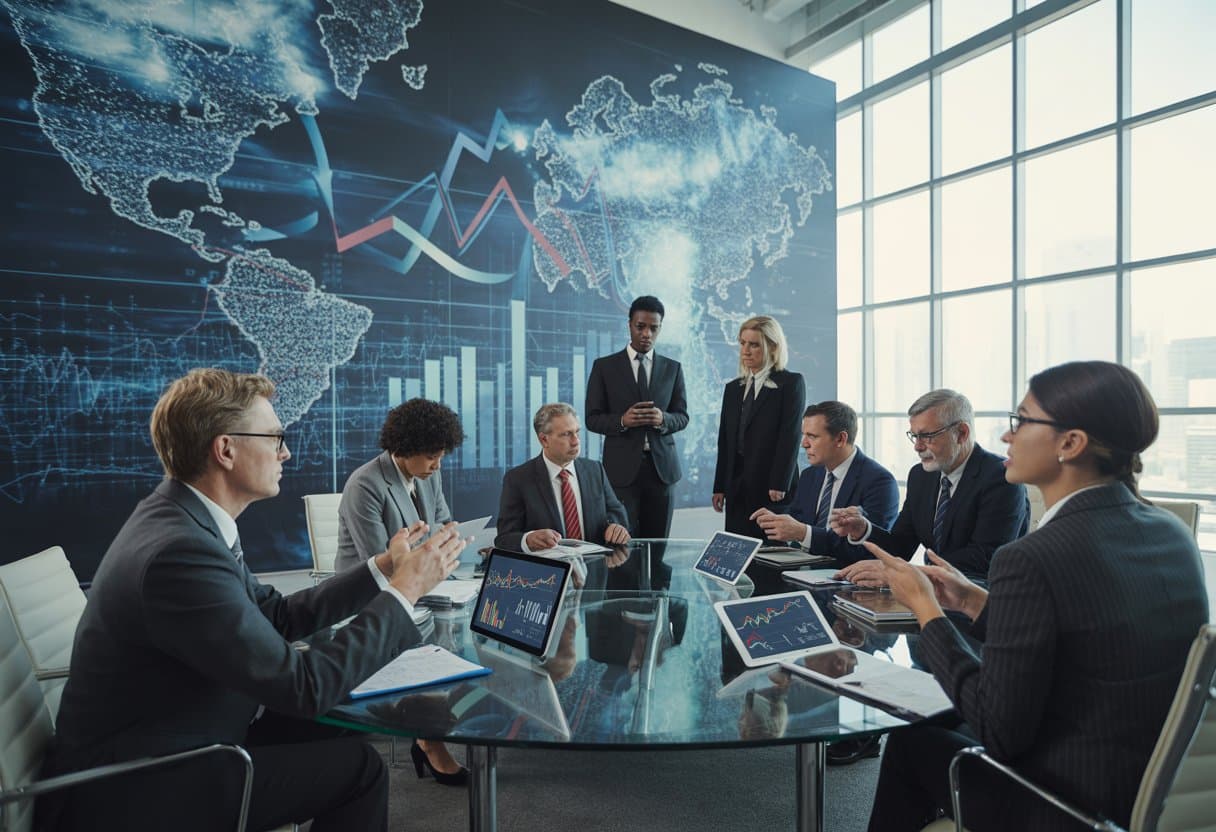 Zakelijke professionals in een moderne vergaderruimte bespreken economische gegevens en markttrends.