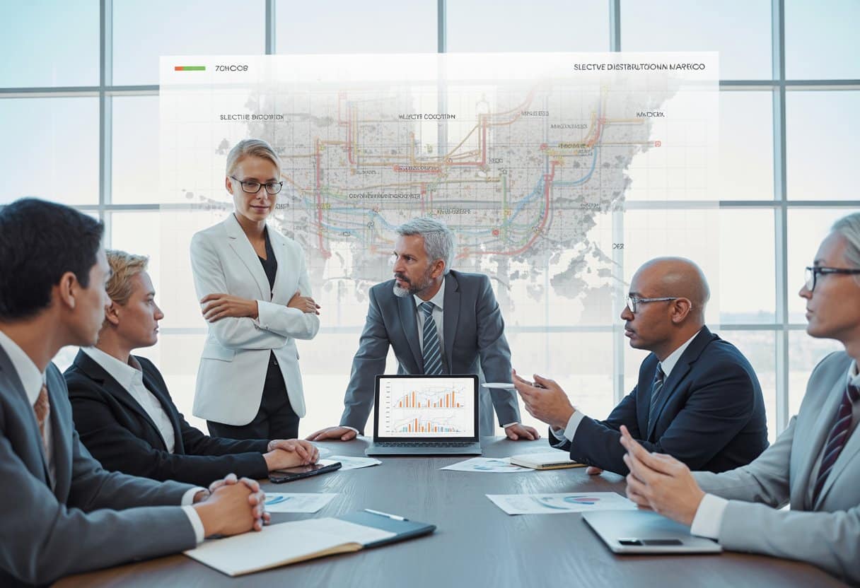 Een groep zakelijke professionals bespreekt strategieën rond een tafel met documenten en een scherm met distributienetwerken op de achtergrond.