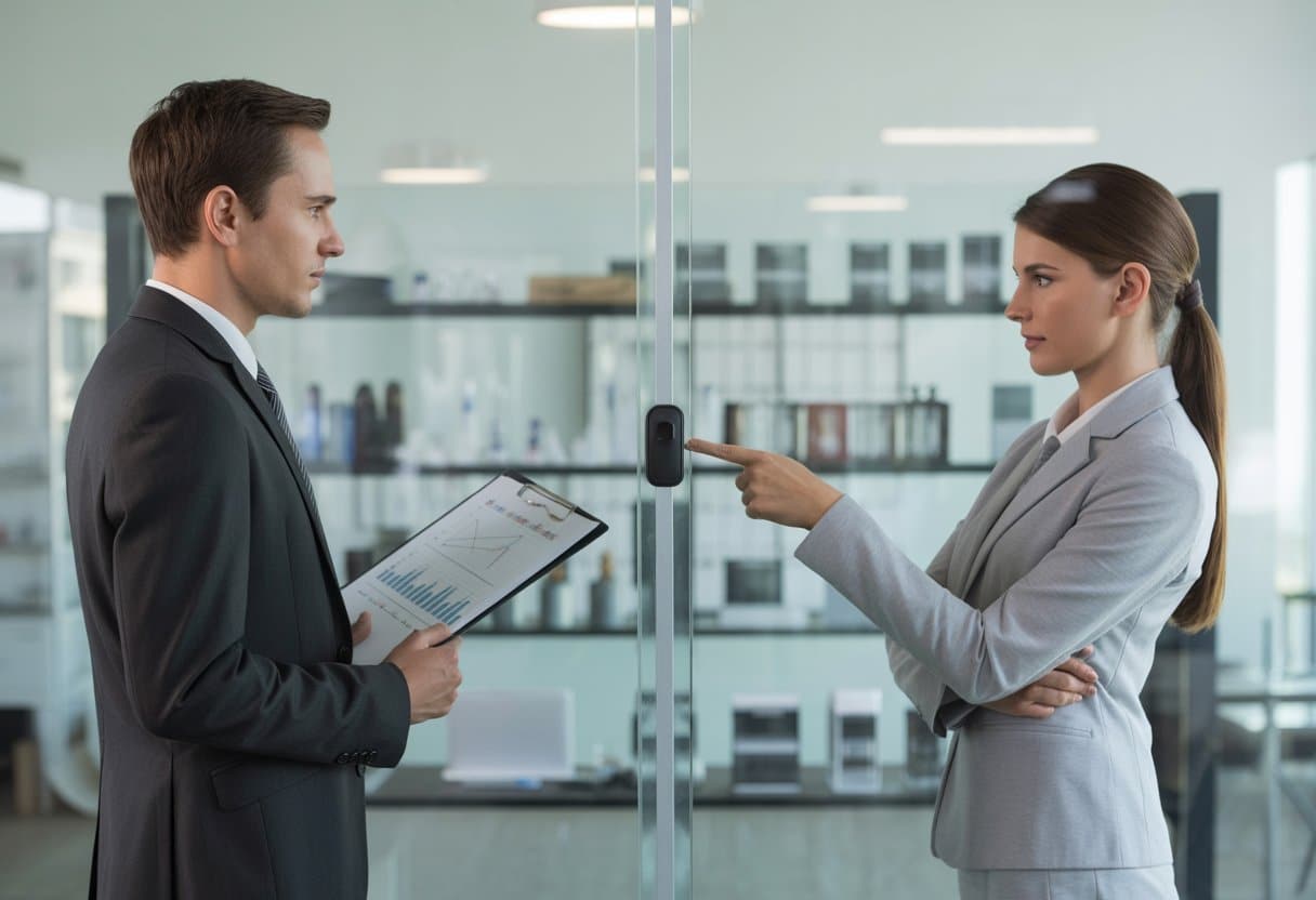 Twee zakelijke professionals staan aan weerszijden van een glazen wand in een modern kantoor, waarbij één professional wijst naar een afgesloten gebied en de ander een clipboard met grafieken vasthoudt.