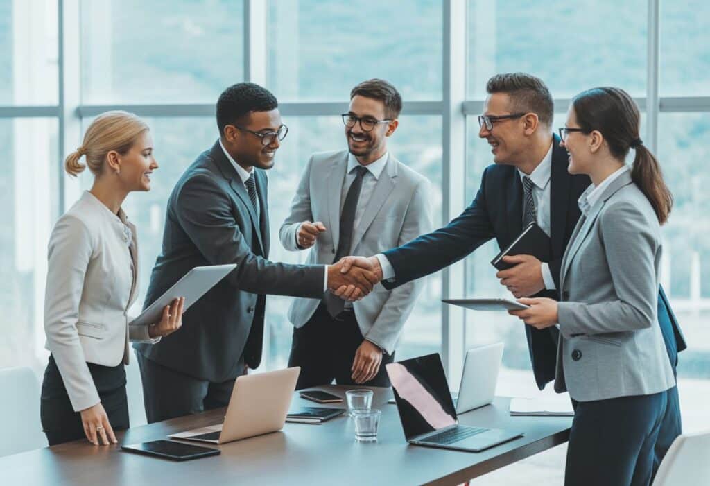 Een diverse groep zakelijke professionals werkt samen rond een vergadertafel in een modern kantoor.