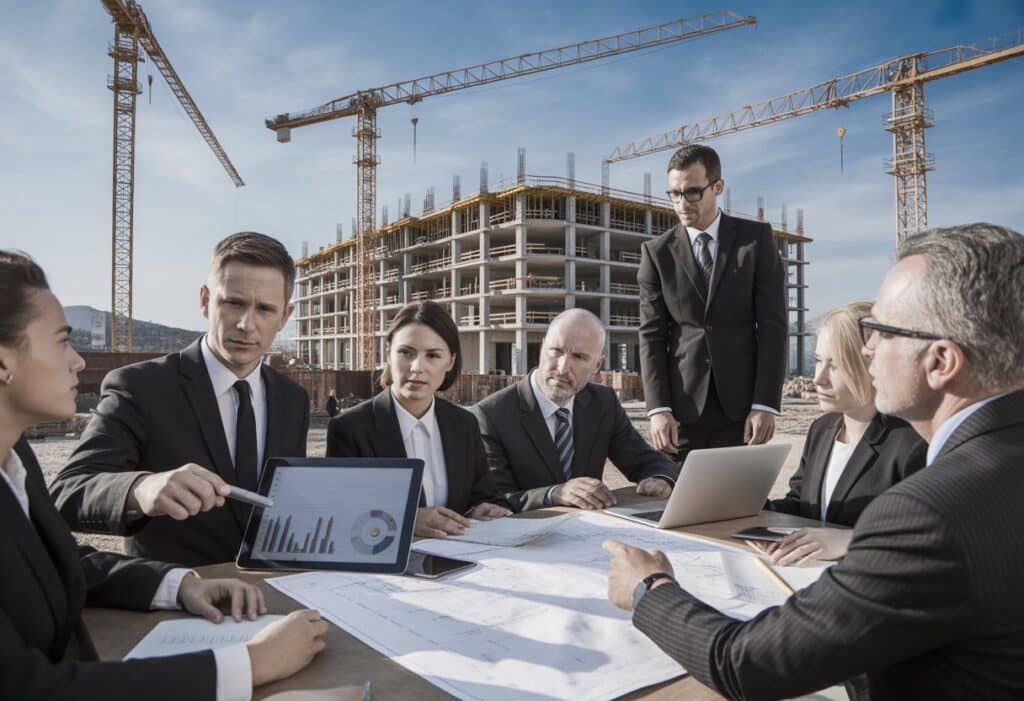 Een groep zakelijke professionals bespreekt documenten en bouwplannen op een bouwplaats met kranen en gebouwen op de achtergrond.