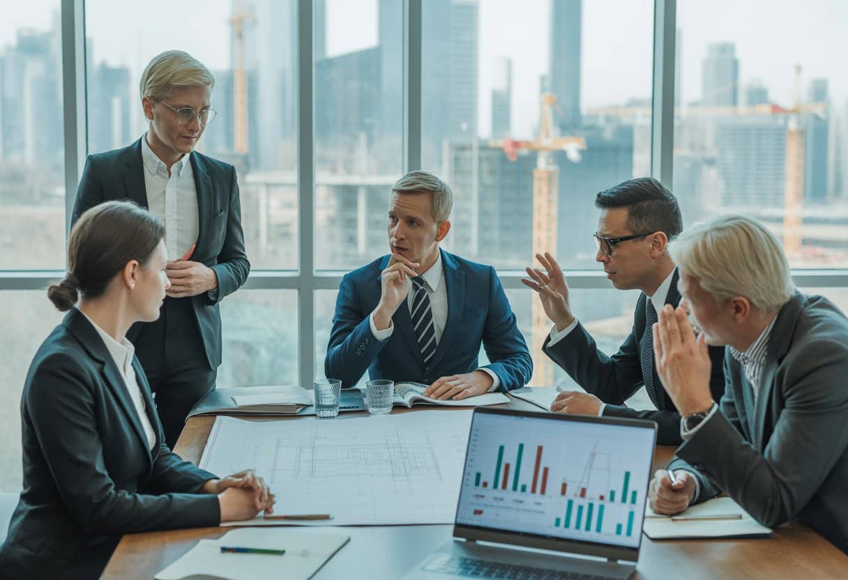 Een groep zakelijke professionals bespreekt bouwplannen en financiële rapporten in een kantoor met uitzicht op een bouwplaats.