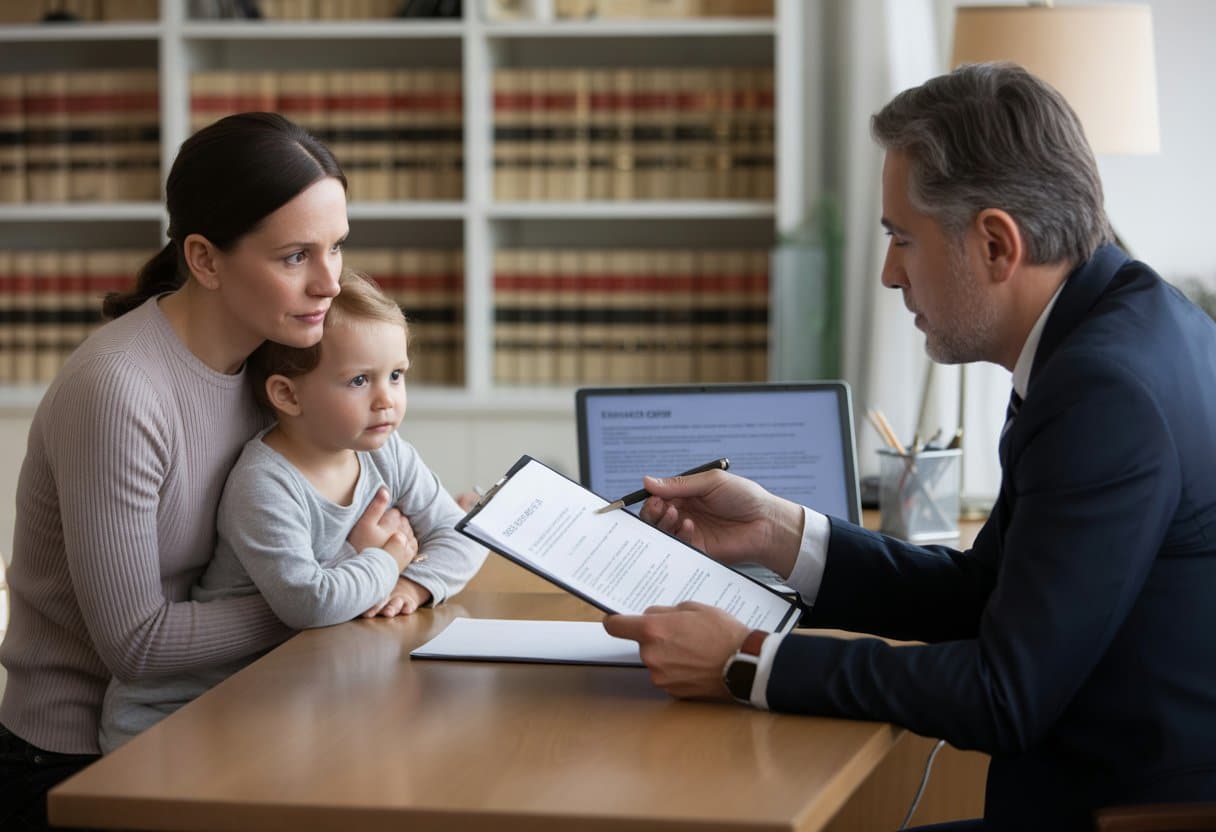 Een moeder met een kind praat met een advocaat in een kantoor over ouderlijk gezag na scheiding.