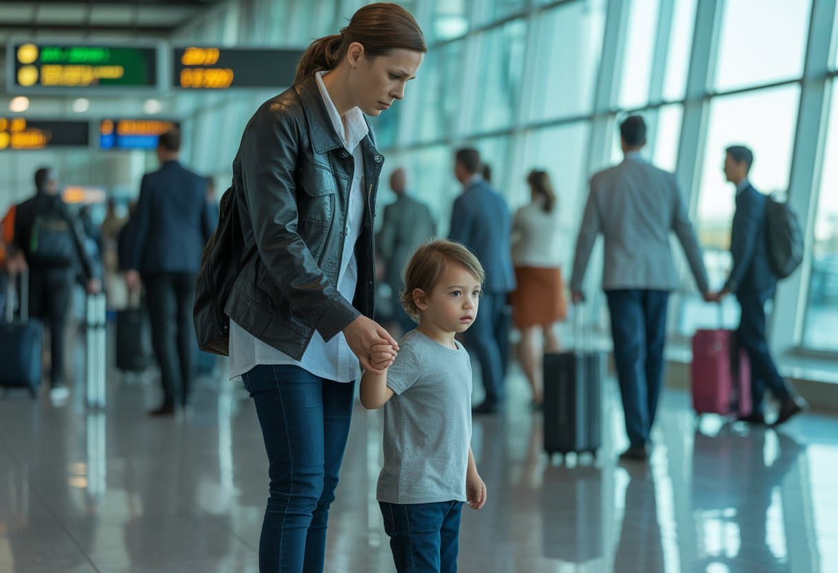 Een bezorgde ouder houdt de hand vast van een jong kind bij een luchthaven vertrekhal.