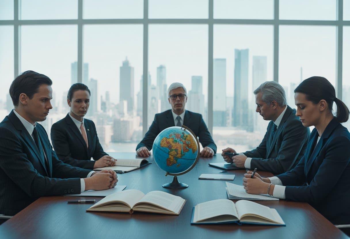 Een groep professionals zit aan een vergadertafel met juridische documenten en een wereldbol, in een moderne vergaderruimte met uitzicht op een stadsgezicht.