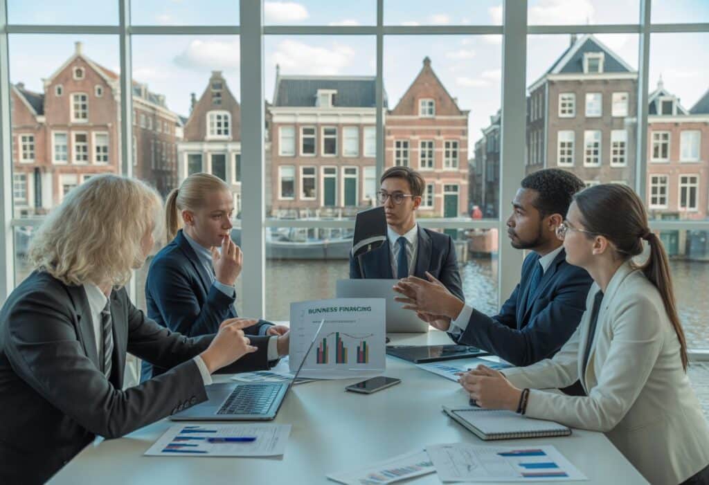Een groep zakelijke professionals bespreekt documenten en laptops aan een vergadertafel in een kantoor met uitzicht op een Nederlandse stad.