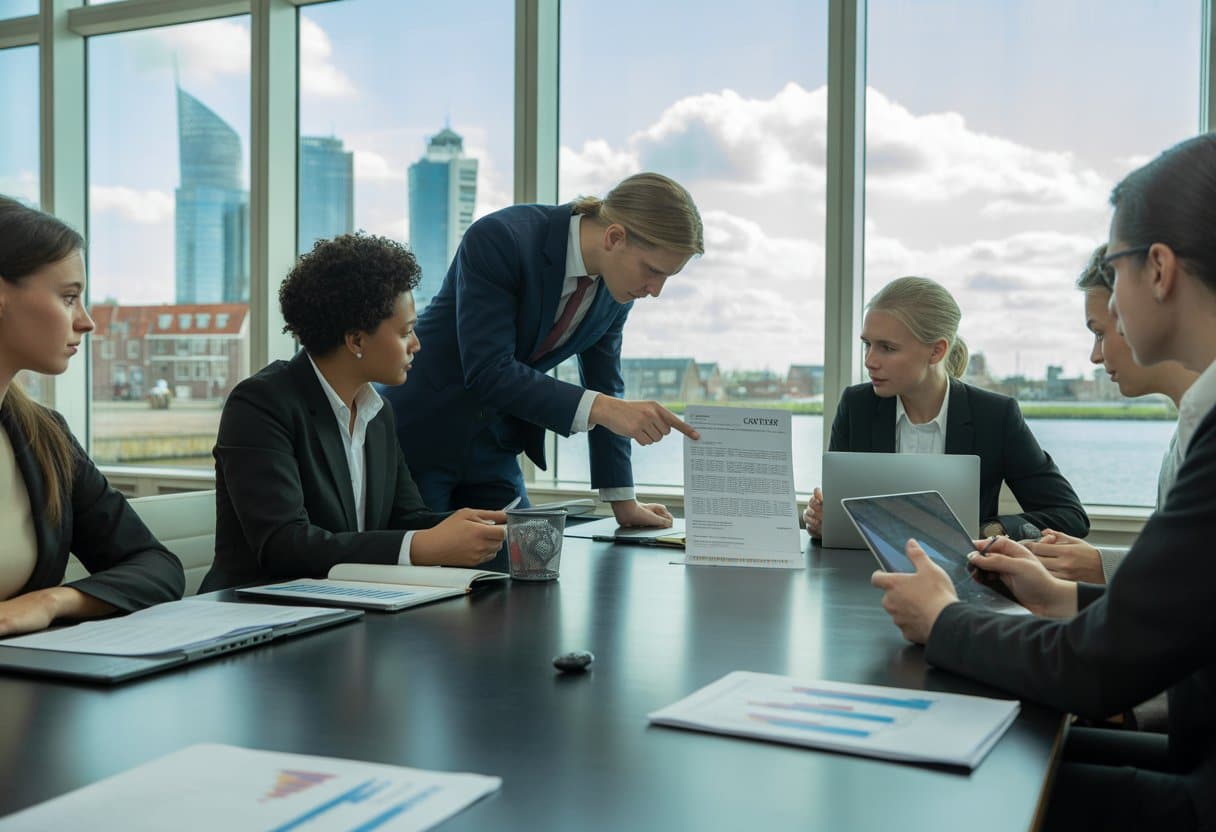 Zakelijke financiering in Nederland: juridische aandachtspunten uitgelegd 2 Een groep zakelijke professionals bespreekt documenten en contracten in een modern kantoor met uitzicht op een Nederlandse stad.