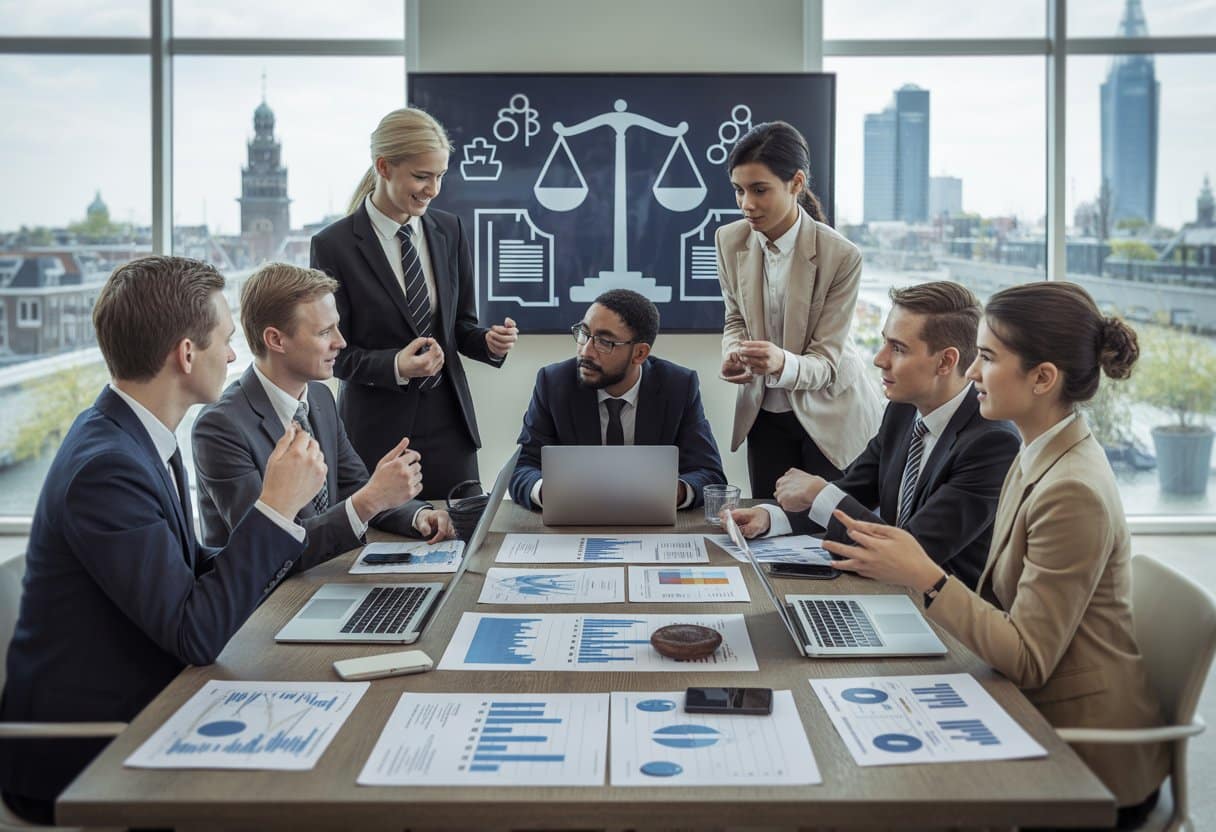 Zakelijke financiering in Nederland: juridische aandachtspunten uitgelegd 3 Een groep zakelijke professionals bespreekt financieringsopties en juridische aspecten in een moderne vergaderruimte met uitzicht op een Nederlandse stad.