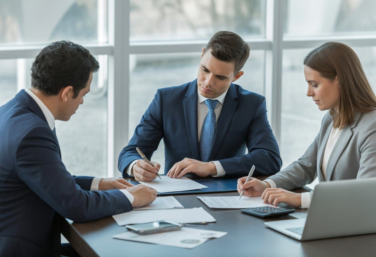 Een zakelijke vergadering met professionals die documenten en notities bekijken aan een tafel in een kantoor.