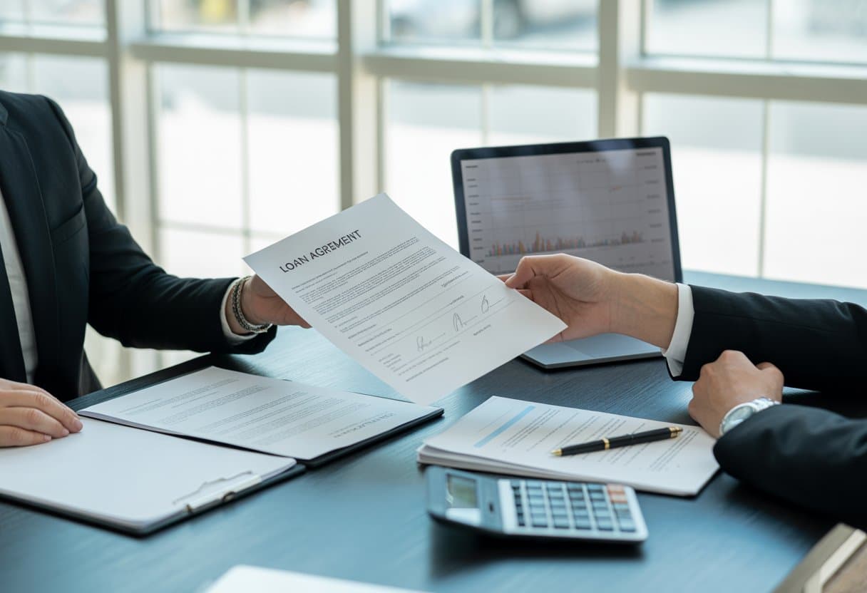 Twee mensen in een kantoor overhandigen een contract tijdens een zakelijke bespreking over een lening.