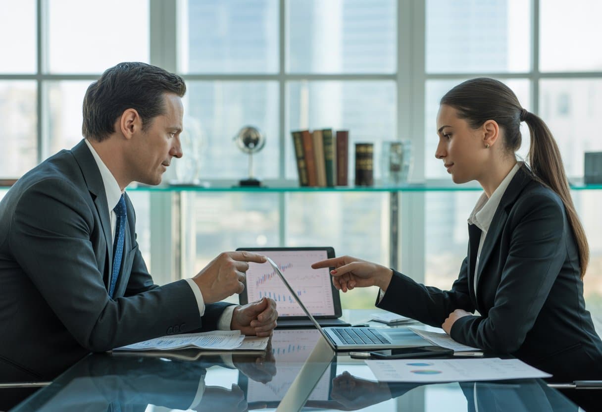 Twee zakelijke professionals zitten aan een tafel in een kantoor en bespreken financiële documenten en gegevens.