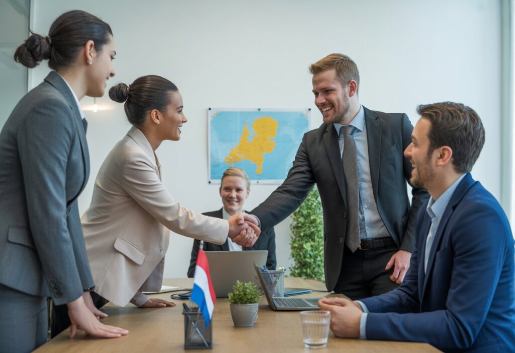 Een werknemer wordt verwelkomd door een werkgever in een moderne kantooromgeving in Nederland.