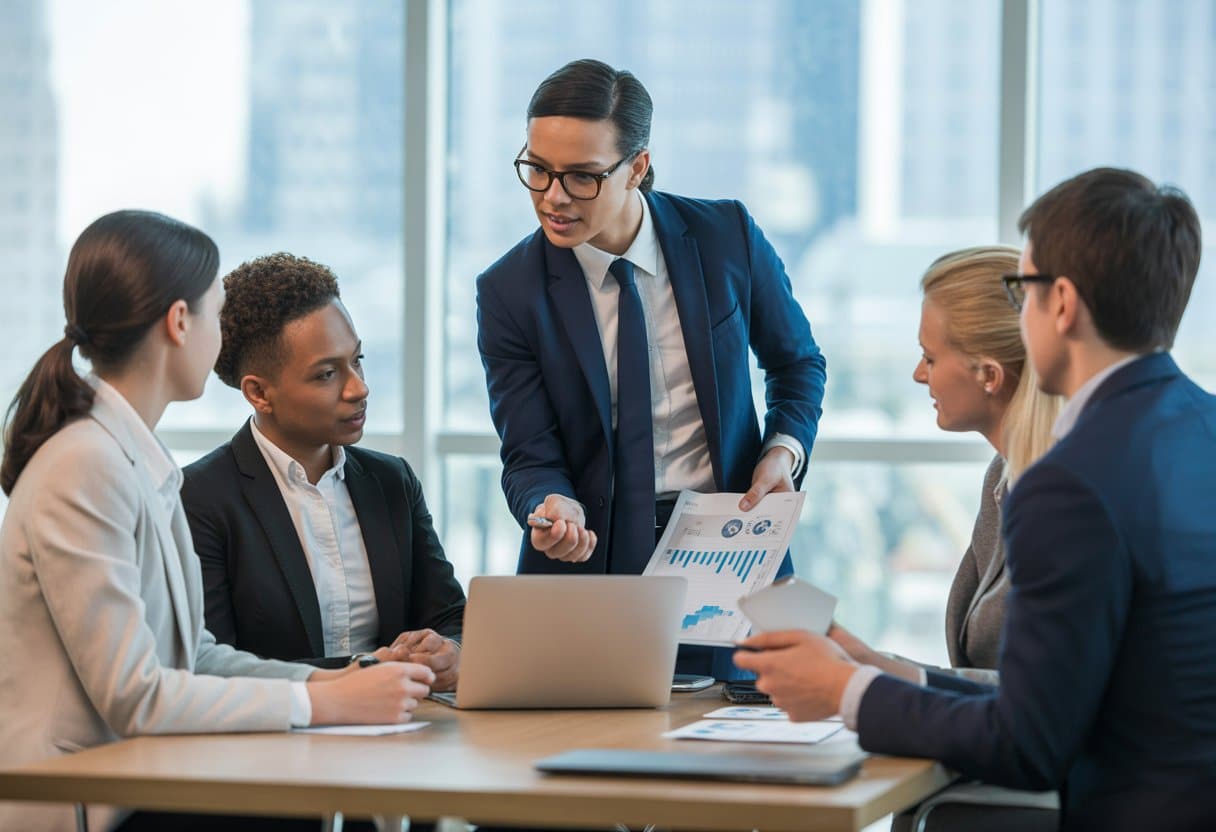 Een groep zakelijke professionals in een kantoor die een vergadering houden over het tijdelijk halen van een werknemer naar Nederland.