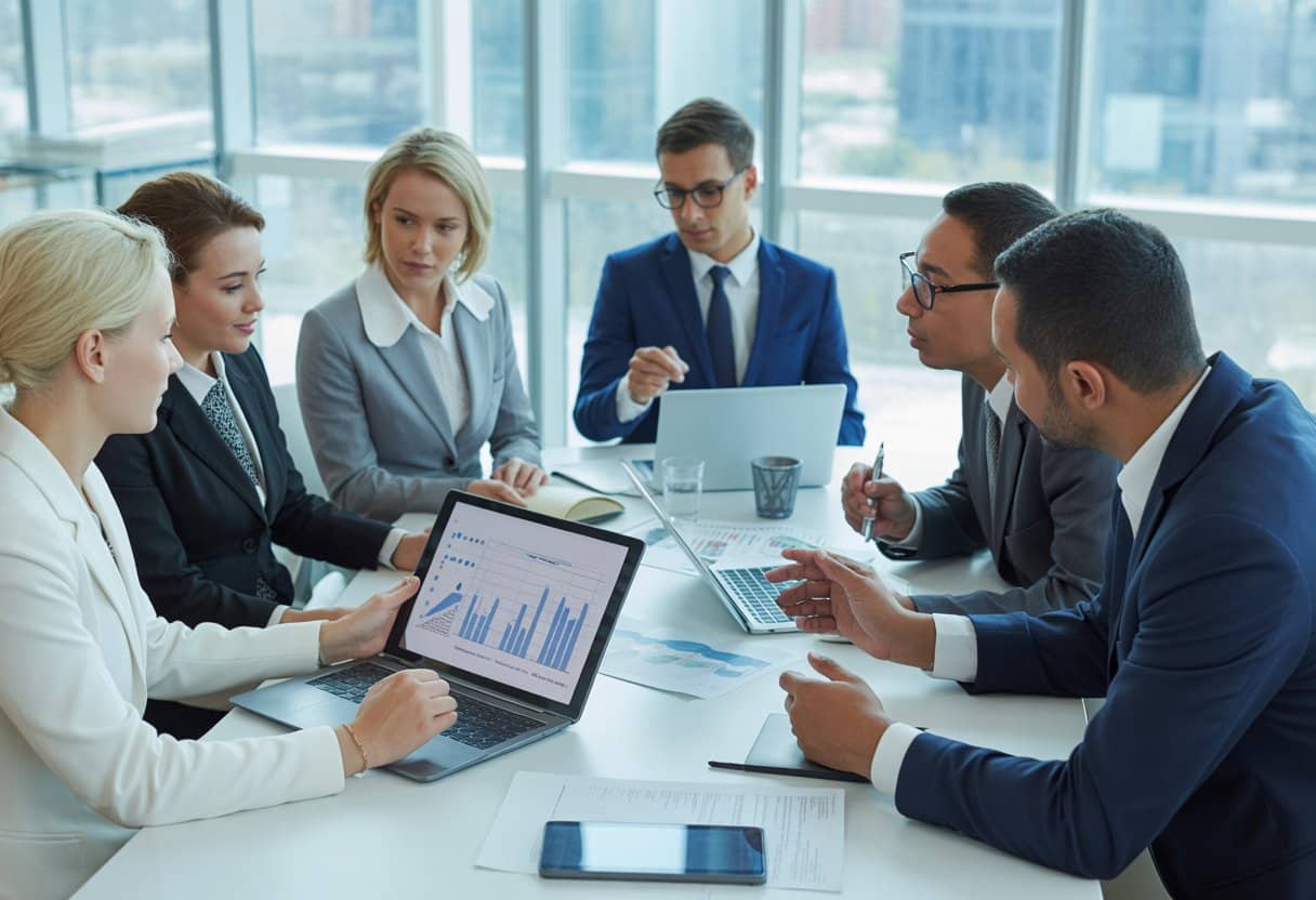 Een diverse groep zakelijke professionals bespreekt documenten en laptops rond een vergadertafel in een modern kantoor.