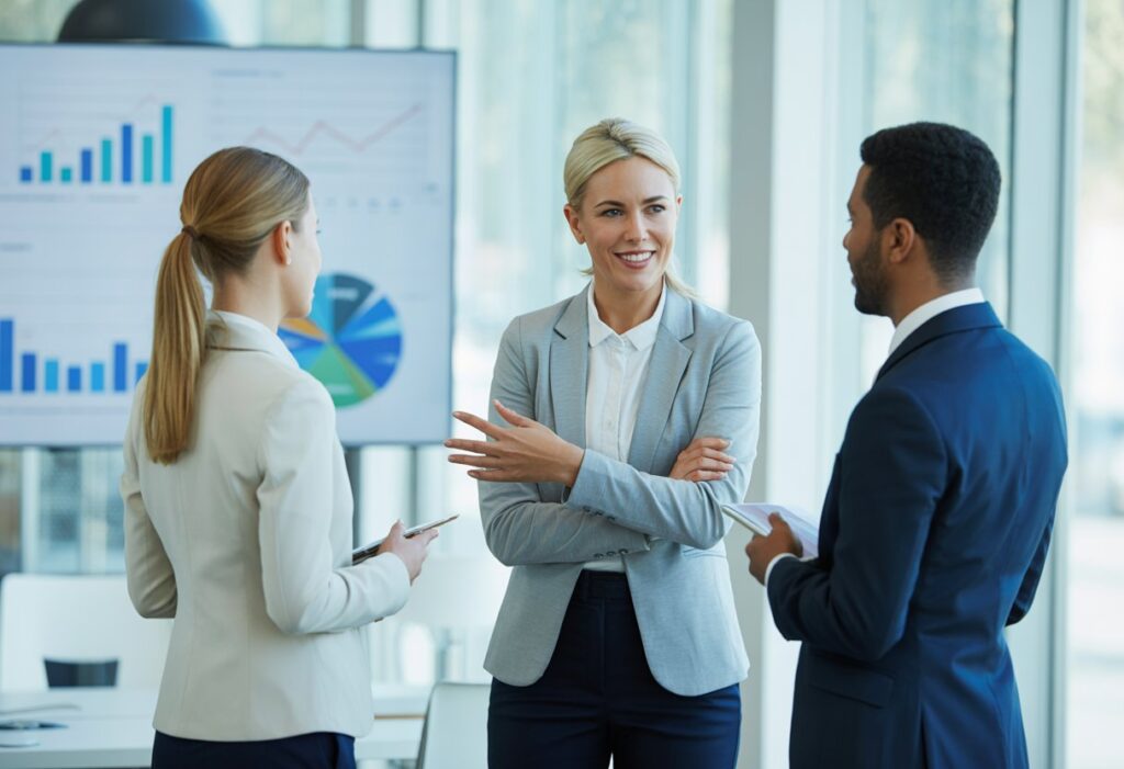 Een zakenvrouw bespreekt samen met twee collega's in een modern kantoor met grafieken op een scherm op de achtergrond.