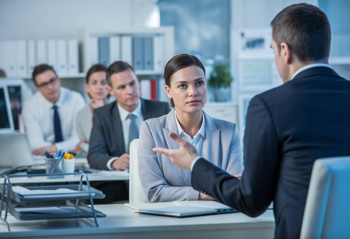 Een werknemer luistert aandachtig naar een HR-medewerker in een moderne kantooromgeving tijdens een gesprek over werkgerelateerde zaken.