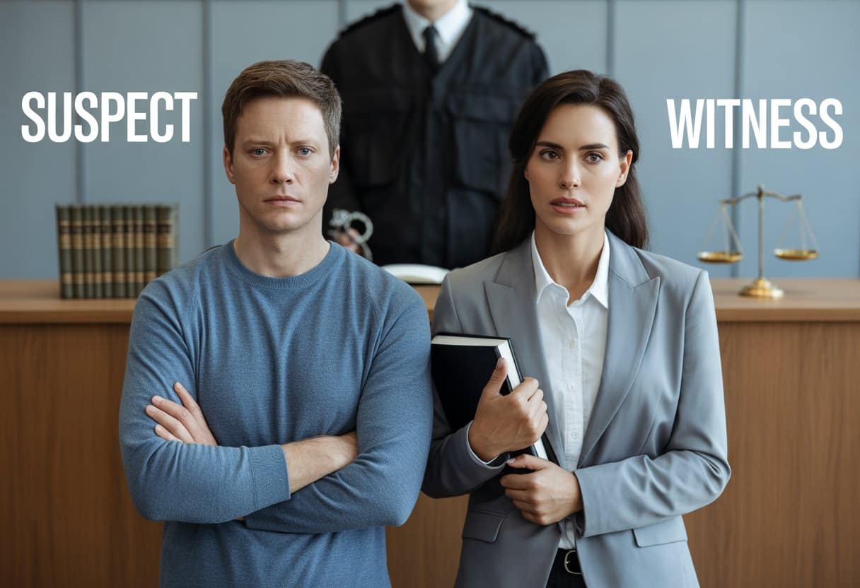 Twee mensen in een rechtszaal, links een verdachte met een serieuze blik, rechts een getuige die kalm een verklaring aflegt.