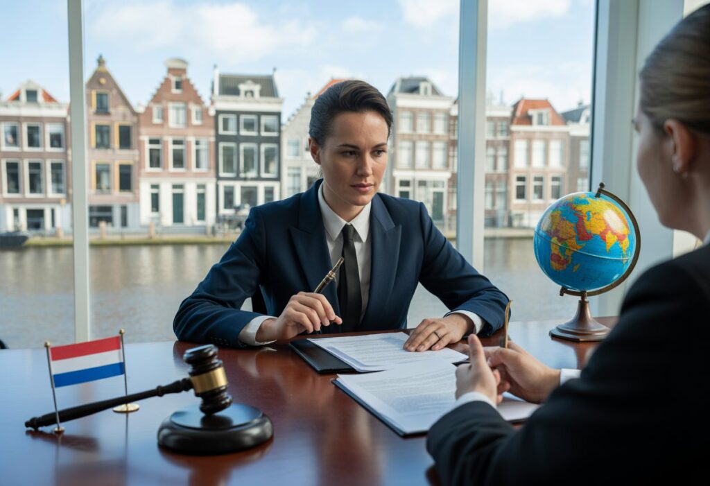 Een advocaat bespreekt juridische documenten met een cliënt in een kantoor met uitzicht op een Nederlandse stad.