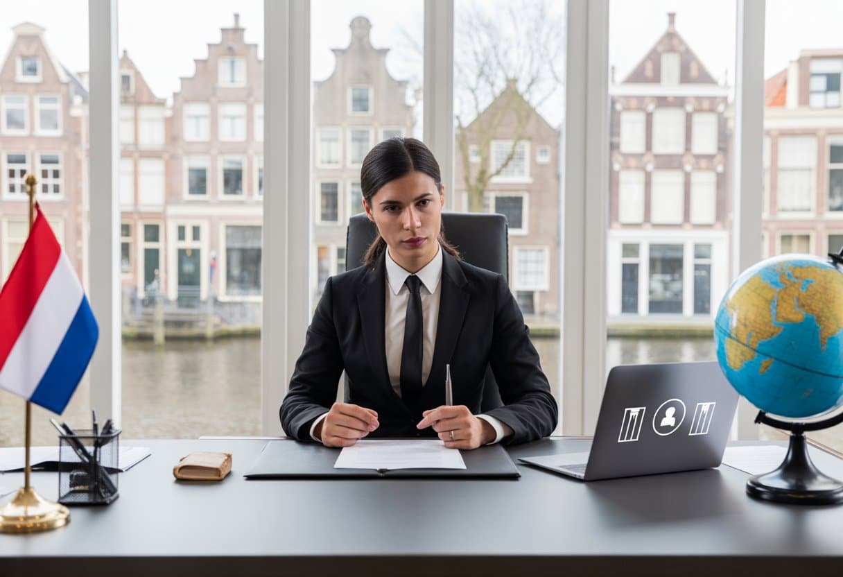 Een advocaat in een modern kantoor met juridische documenten en een laptop, met op de achtergrond een Nederlands stadsgezicht met grachten en traditionele gebouwen.
