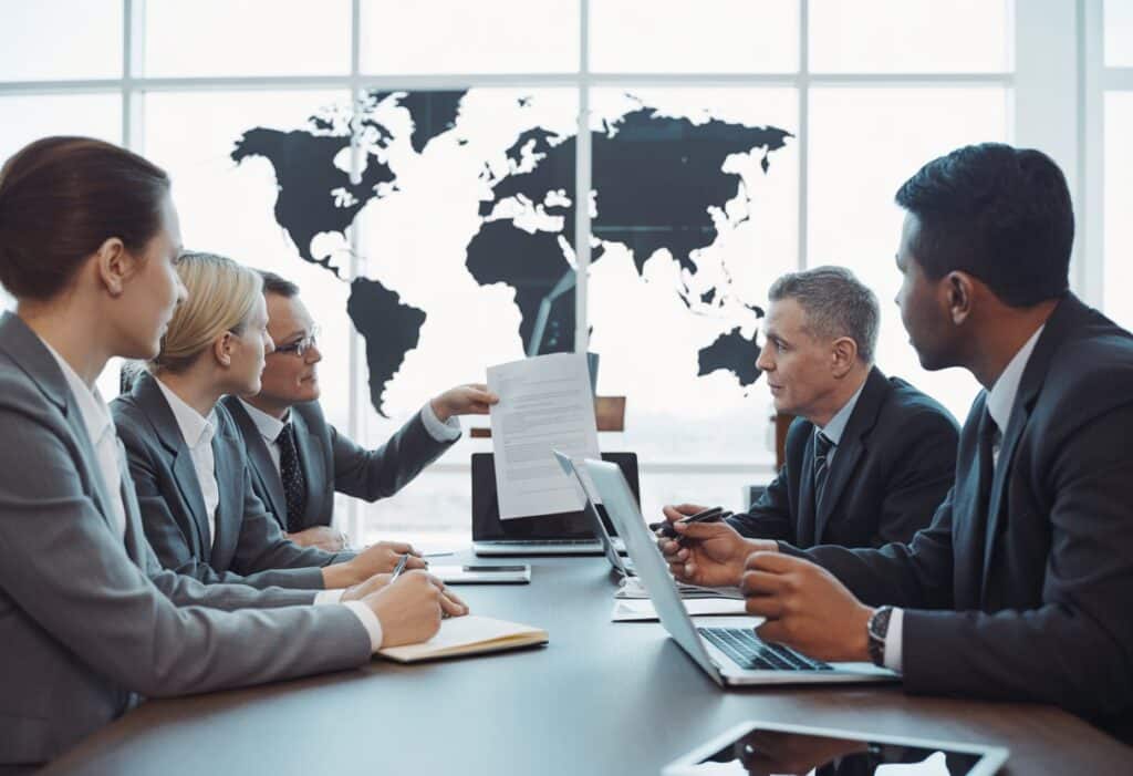 Een groep zakelijke professionals zit rond een tafel in een kantoor en bespreekt documenten met een wereldkaart op de achtergrond.