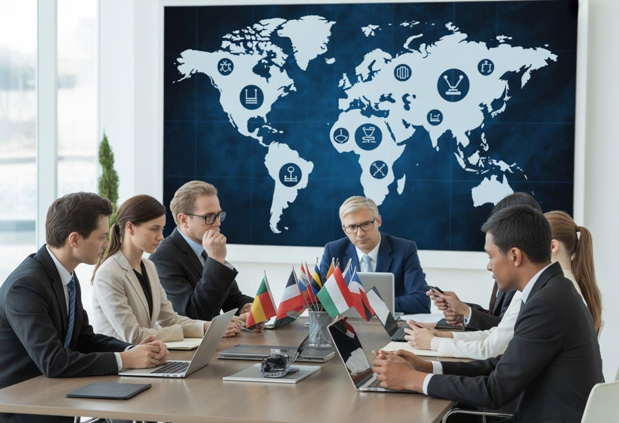 Een groep zakelijke professionals in een vergaderruimte bespreekt internationale contracten met een wereldkaart op de achtergrond.