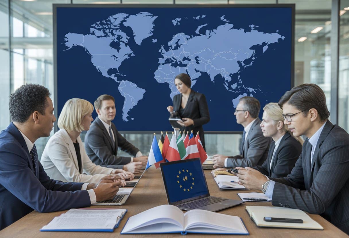 Een groep professionals bespreekt internationale verdragen en EU-regelgeving aan een tafel met documenten en vlaggen.