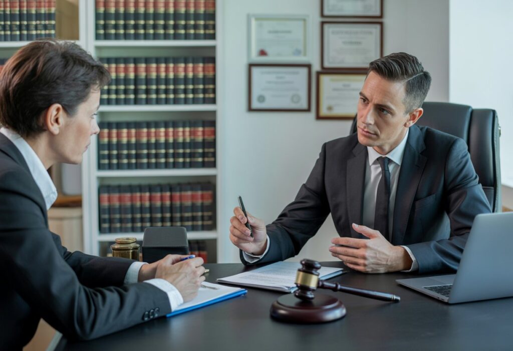 Een advocaat en een cliënt zitten aan een bureau in een kantoor, in gesprek over juridische zaken.