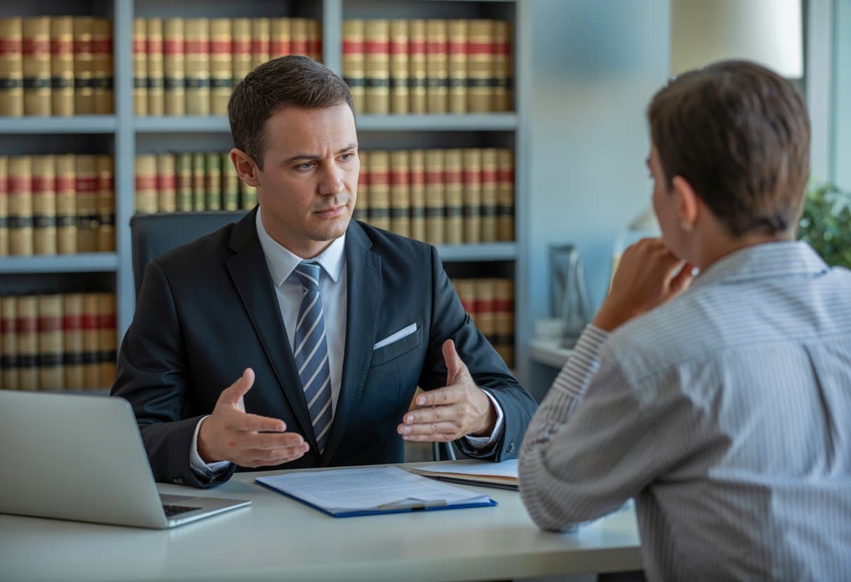 Wanneer kunt u naar de rechter voor schadevergoeding? Alles wat u moet weten 1 Een advocaat bespreekt juridische zaken met een cliƫnt in een kantooromgeving.