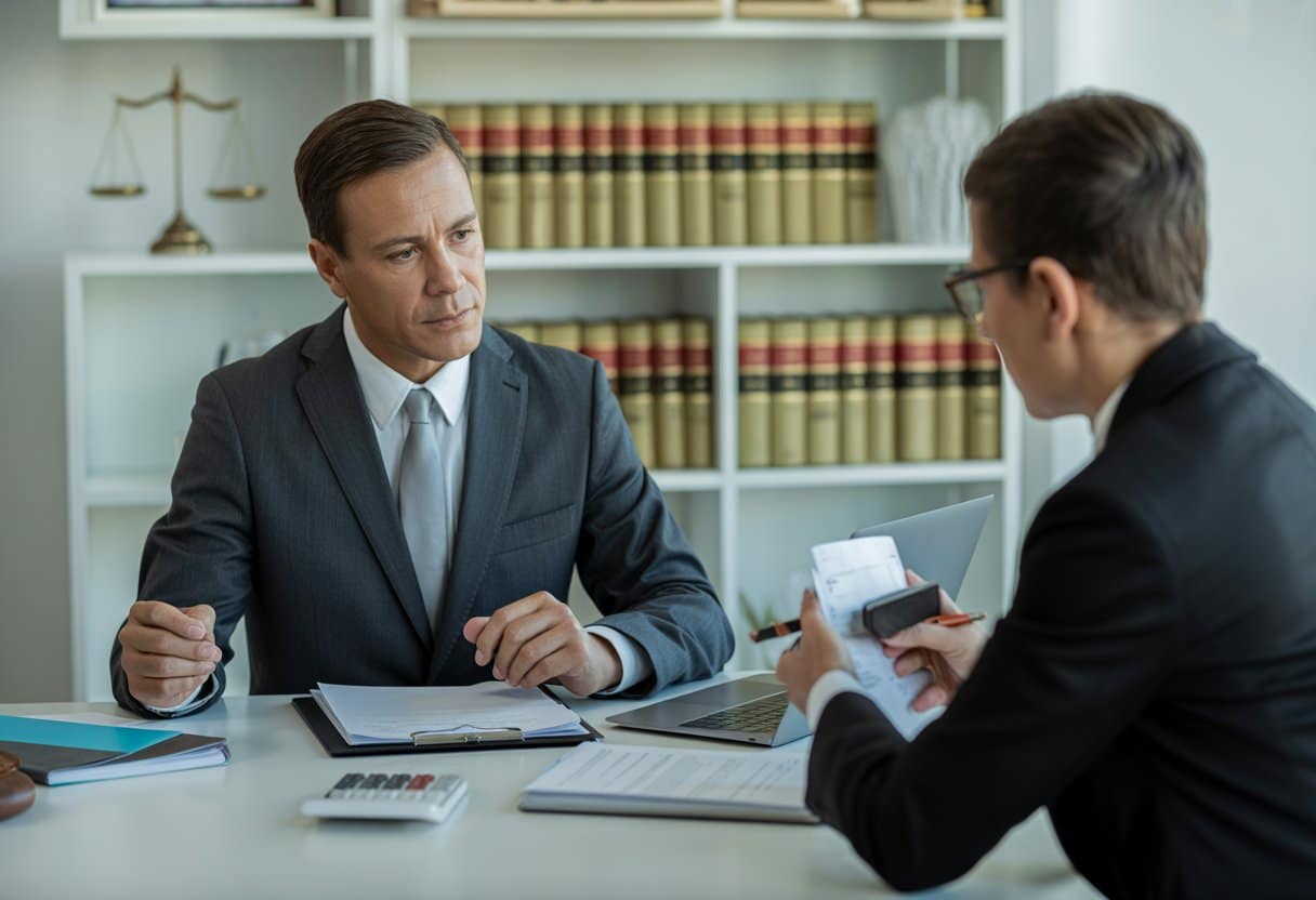 Wanneer kunt u naar de rechter voor schadevergoeding? Alles wat u moet weten 2 Een advocaat en een cliƫnt zitten aan een bureau in een kantoor en bespreken documenten over schadevergoeding.