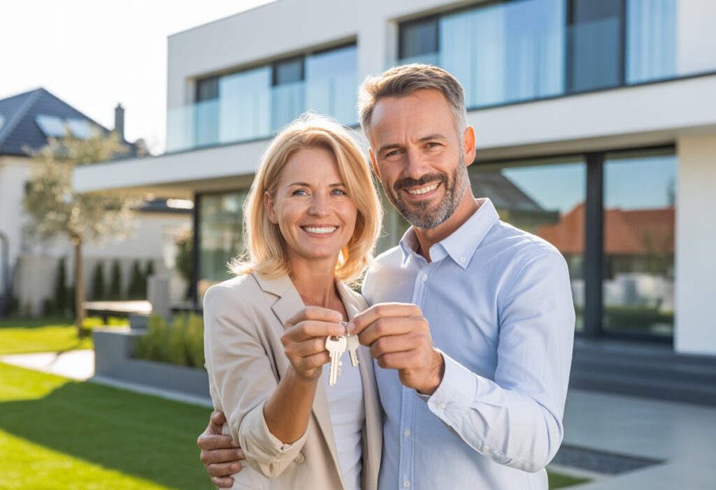 Een gelukkig stel staat voor een modern huis en houdt samen een sleutel vast.