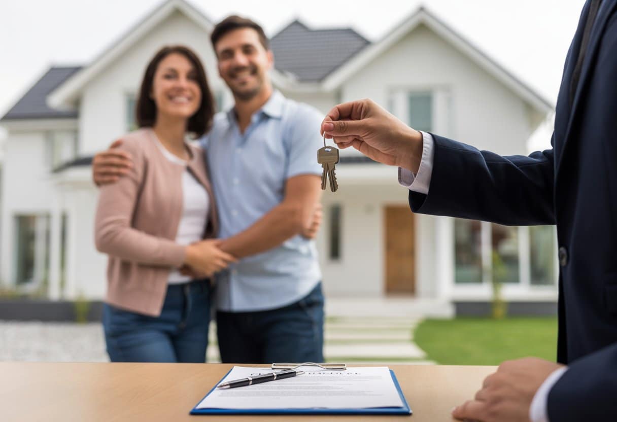 Een makelaar overhandigt sleutels aan een gelukkig stel voor een modern huis, met documenten op de achtergrond.