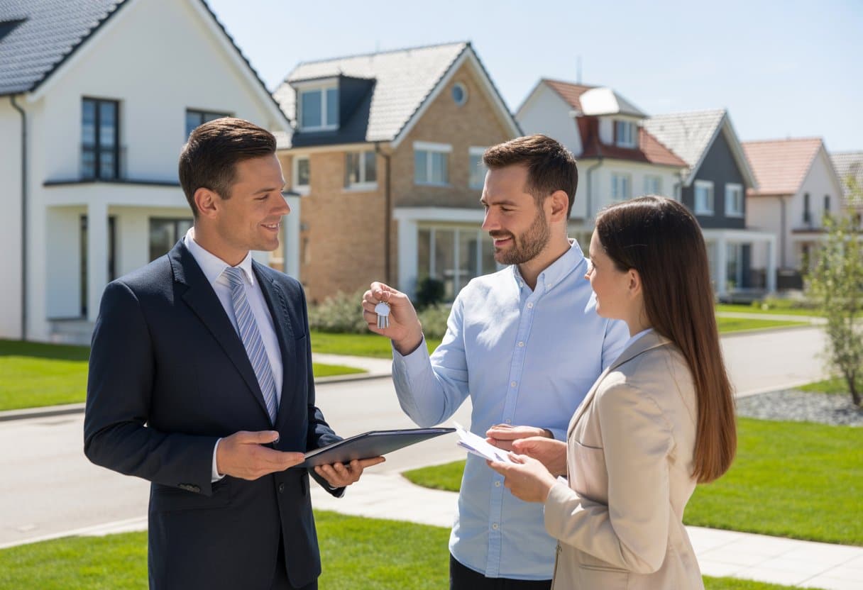 Een makelaar praat met een jong stel voor verschillende huizen in een woonwijk.