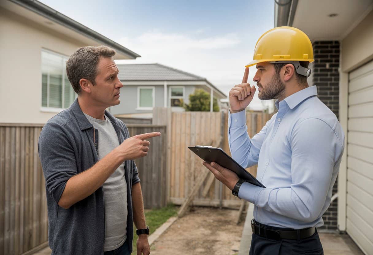 Twee mannen praten serieus bij een beschadigde schutting tussen twee huizen in een woonwijk.