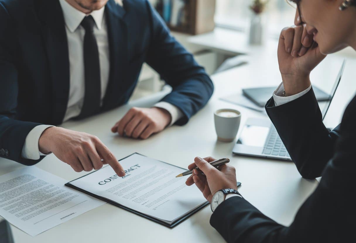 Twee personen in een kantoor bespreken serieus een contractdocument aan een bureau.