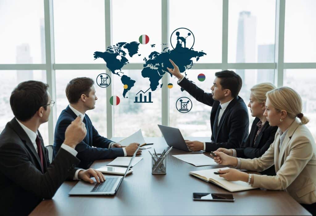 Een groep zakelijke professionals bespreekt contracten aan een vergadertafel met een wereldkaart op de achtergrond.