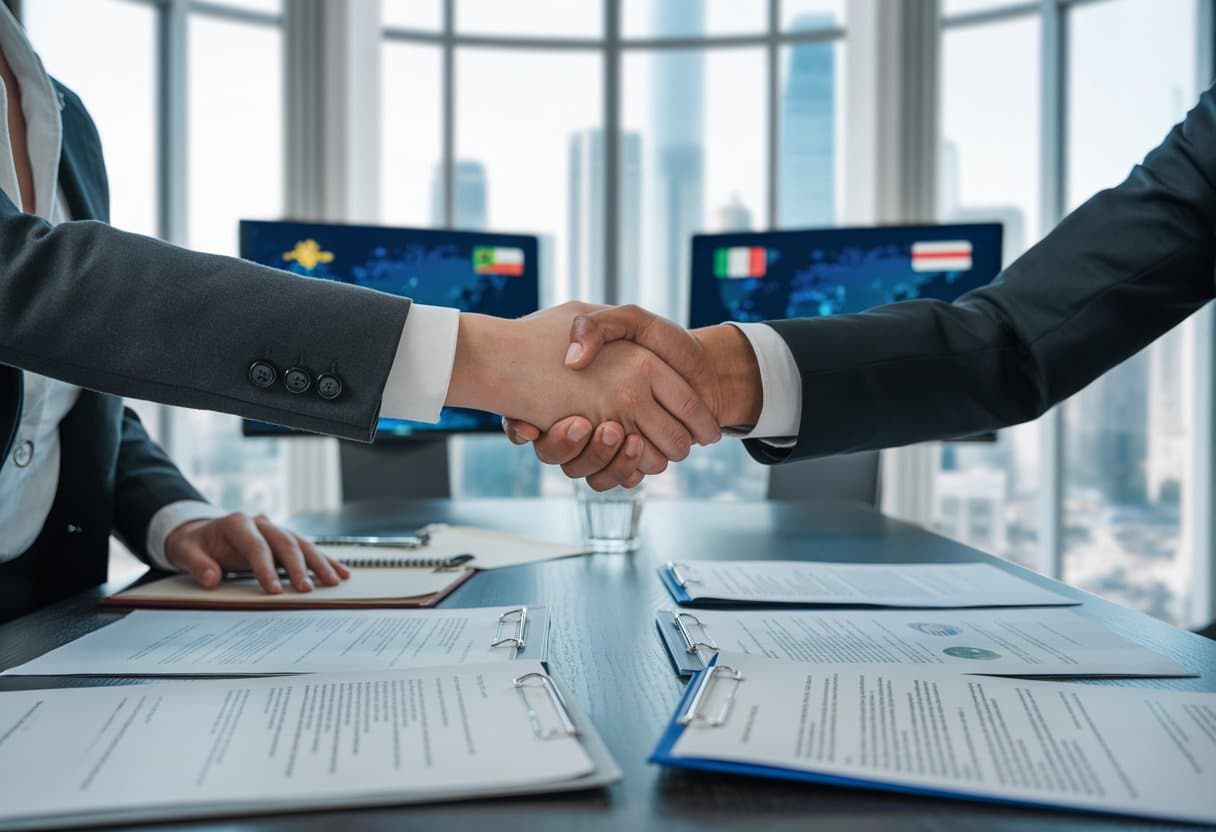 Twee zakelijke professionals schudden elkaar de hand over een bureau met internationale contracten in een modern kantoor.