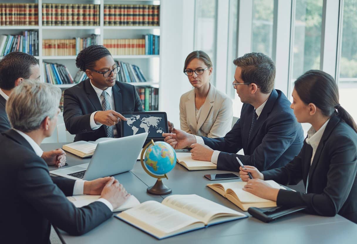 Een groep professionals bespreekt juridische documenten rond een tafel met een wereldbol en digitale kaart in een kantooromgeving.